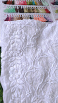 White Aylina premium soft fabric Chikankari kurta with pearl and cutdana embroidery, handmade Lucknow Chikankari by LVW Fashions.