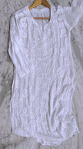 White Aylina premium soft fabric Chikankari Kurta with pearl and cutdana embroidery, handcrafted Lucknow Chikankari by LVW Fashions.