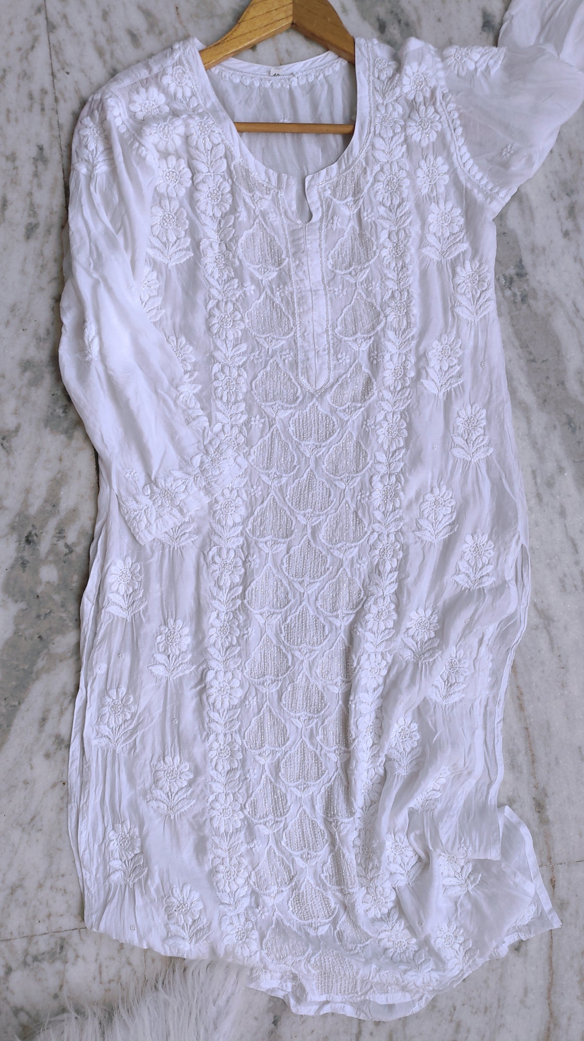 White Aylina premium soft fabric Chikankari Kurta with pearl and cutdana embroidery, handcrafted Lucknow Chikankari by LVW Fashions.
