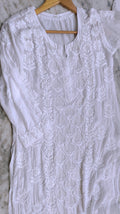 A white Aylina premium soft fabric chikankari kurta with pearl and cutdana embroidery, handmade by LVW Fashions, luxurious look.