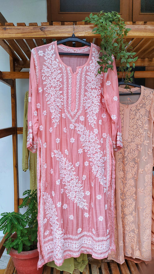 Handmade Feriha Brightish Peach silk Kurta with intricate Lucknow Chikankari embroidery by LVW Fashions.