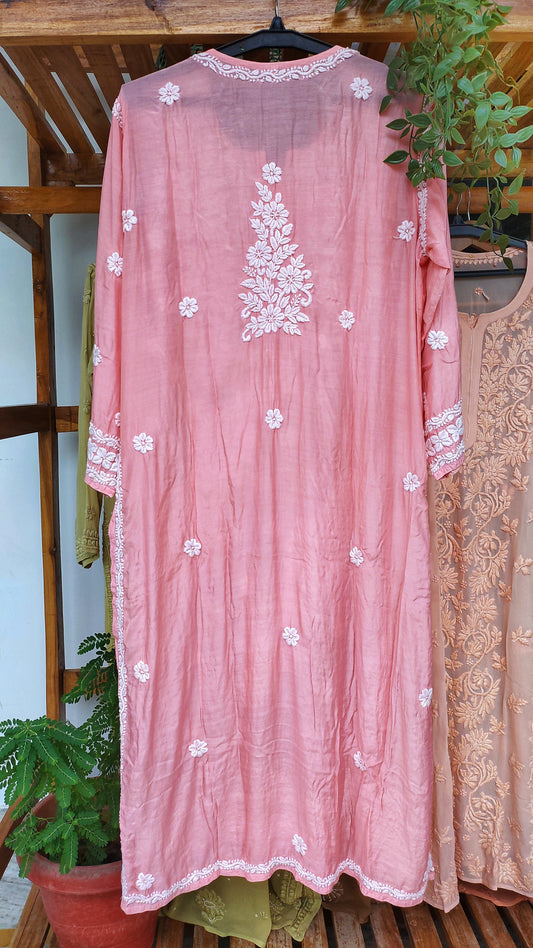 Feriha Brightish Peach premium silk long kurta with intricate handmade Lucknow chikankari embroidery by LVW Fashions.