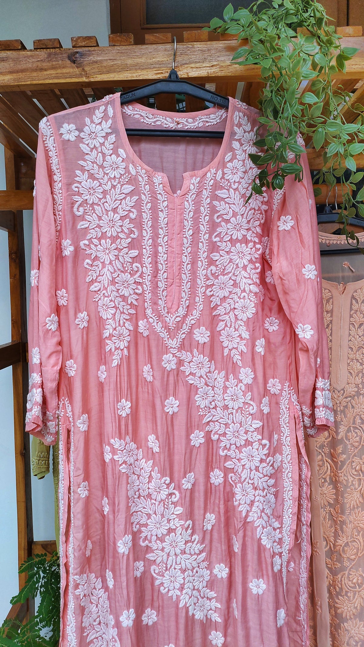 Feriha Brightish Peach premium silk long kurta with intricate Lucknow chikankari embroidery by LVW Fashions.