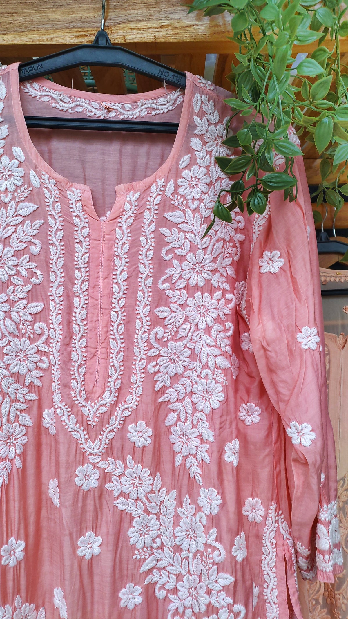Feriha Brightish Peach premium silk long kurta with intricate white Lucknow chikankari embroidery, handmade by LVW Fashions.