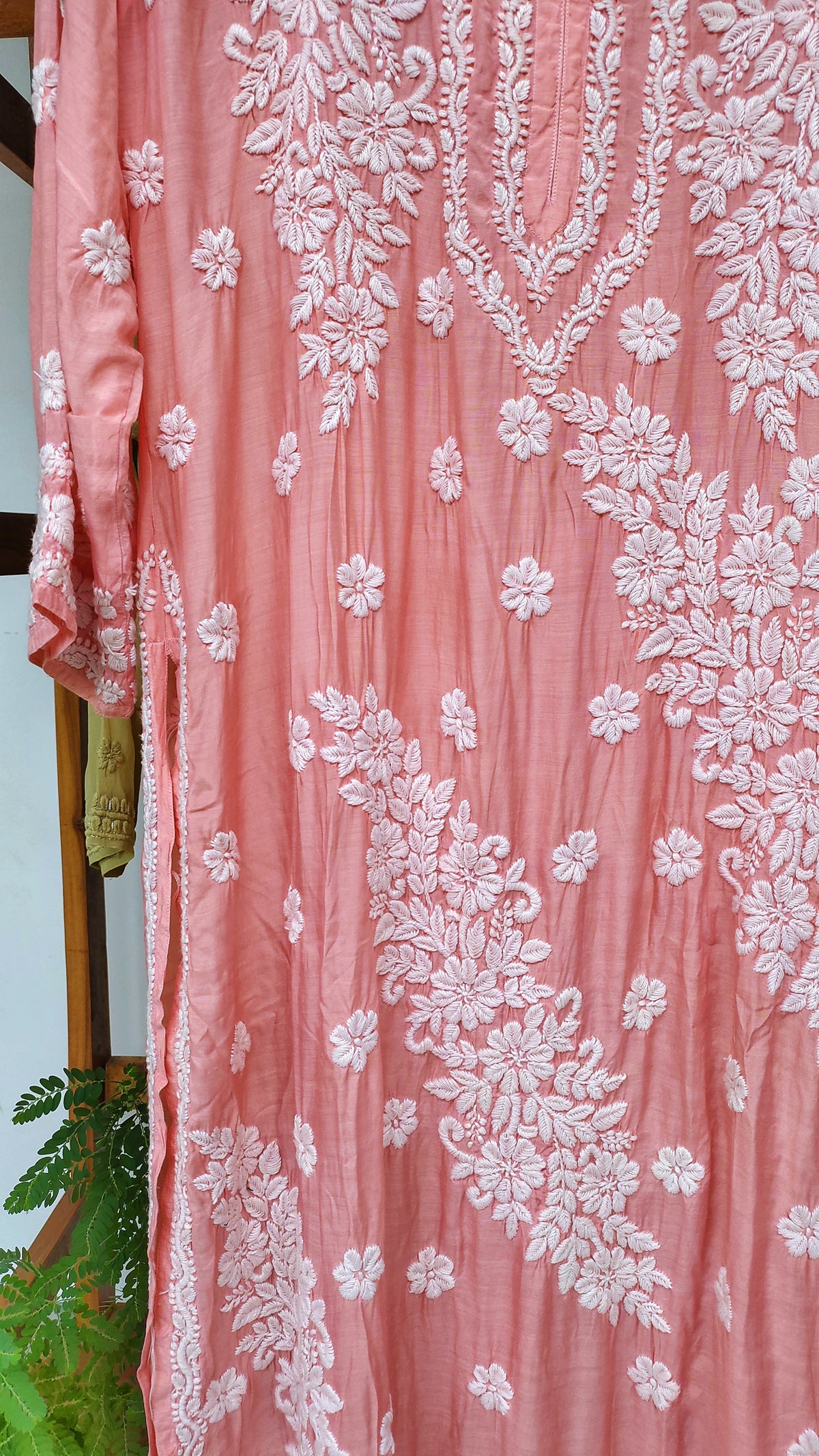Feriha Brightish Peach premium silk long kurta with intricate handmade Lucknow chikankari embroidery by LVW Fashions.