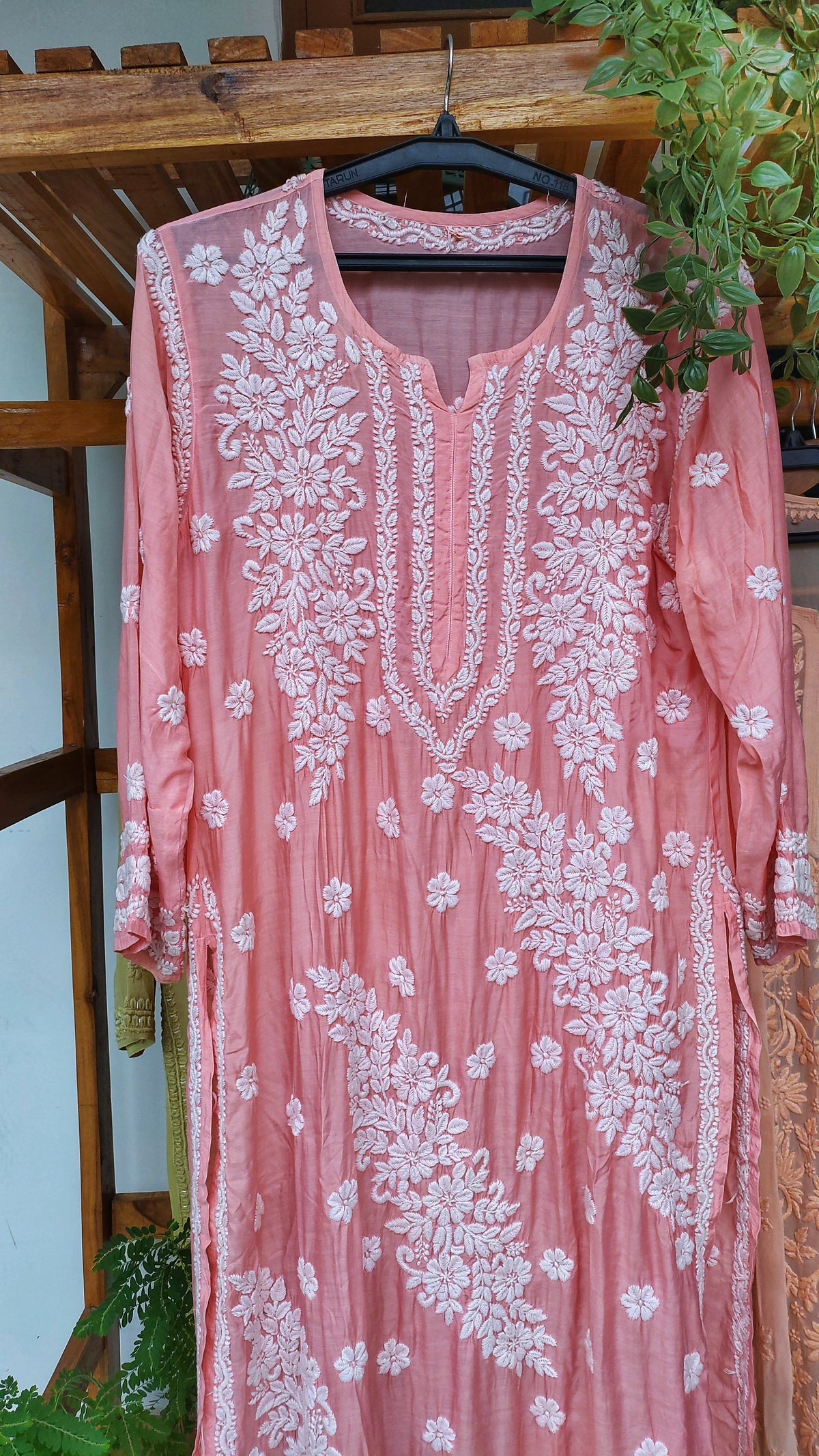 Feriha Brightish Peach premium silk long kurta with handmade Lucknow chikankari embroidery by LVW Fashions.