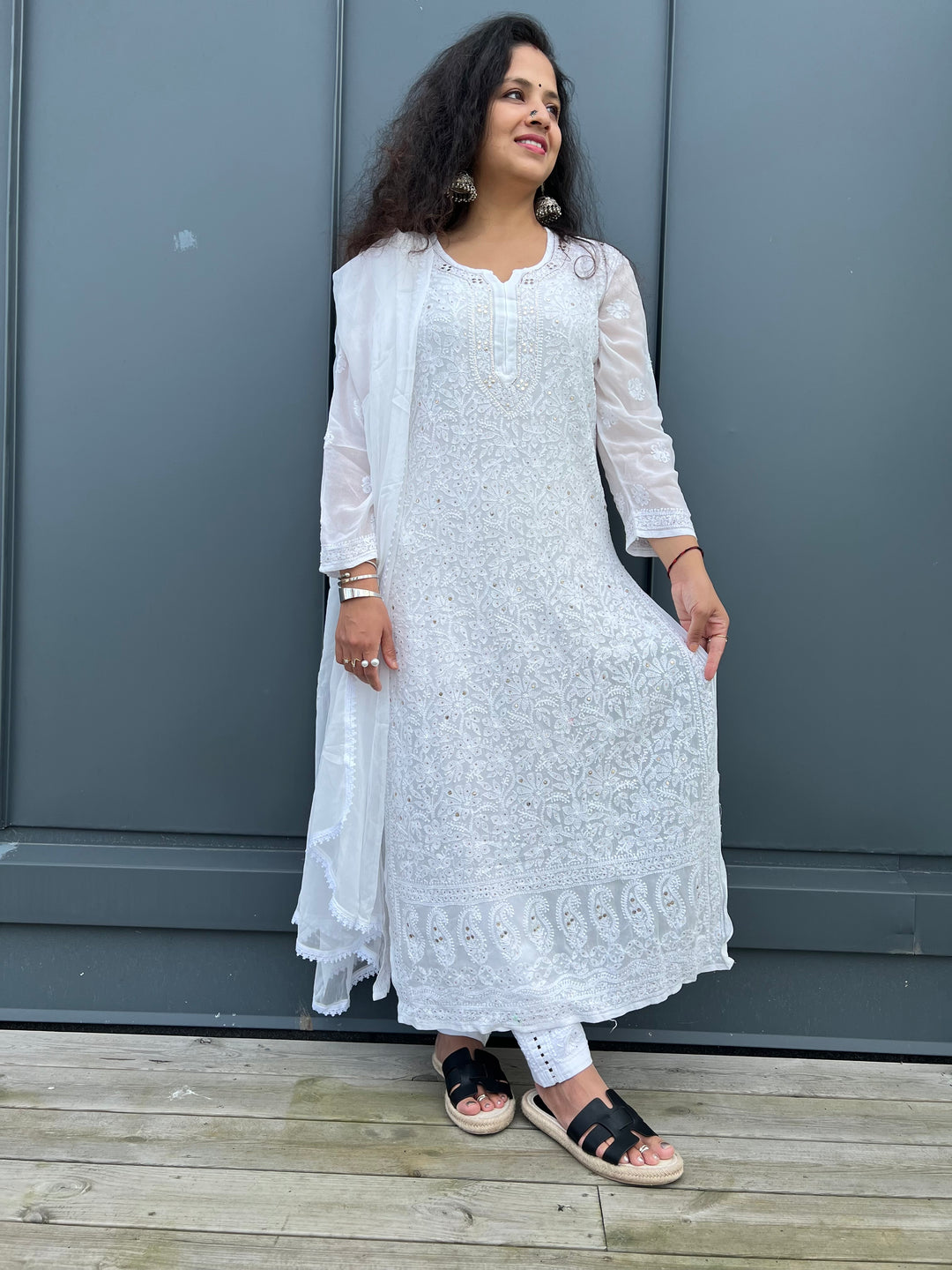 White Hoor Premium Georgette Chikankari Kurta set with Kamdani embroidery, handmade Lucknow Chikankari by LVW Fashions.