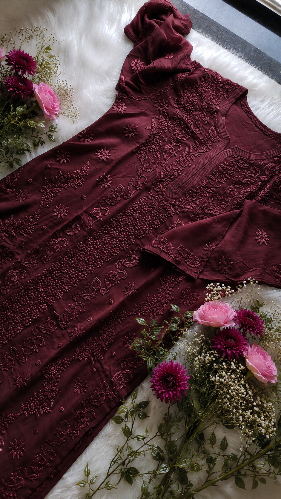 Luxurious wine-colored Georgette Chikankari long kurta with heavy embroidery, handmade by LVW Fashions, lightweight and elegant.