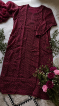 Luxurious wine-colored Georgette Chikankari long kurta with intricate heavy embroidery, handcrafted by LVW Fashions from Lucknow.