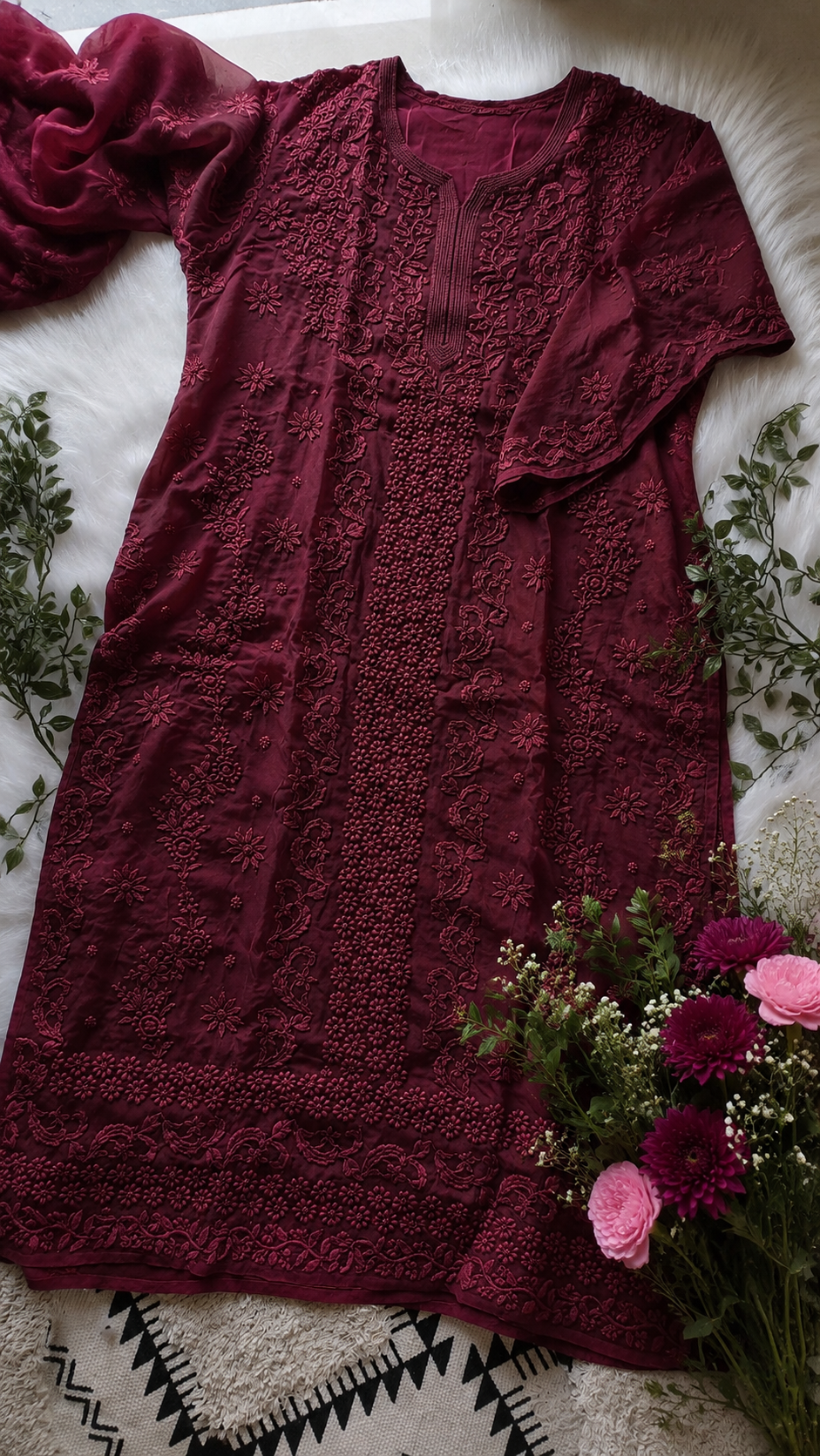 Luxurious wine-colored Georgette Chikankari long kurta with intricate heavy embroidery, handcrafted by LVW Fashions from Lucknow.