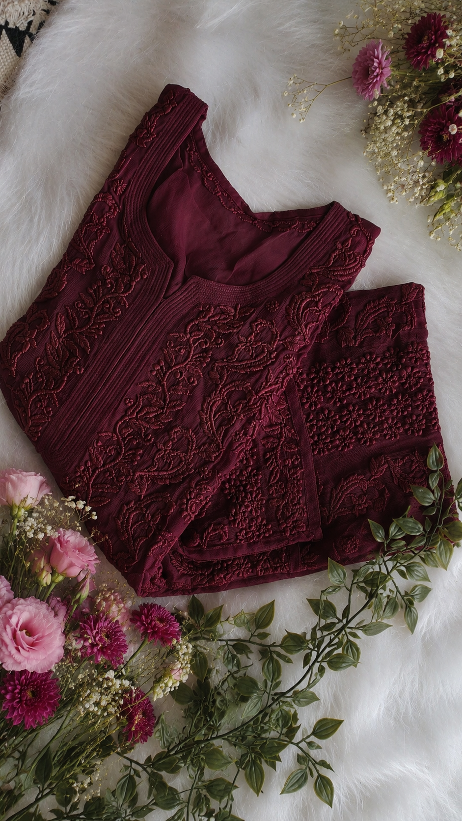 Luxurious wine-colored Georgette Chikankari long kurta by LVW Fashions with heavy embroidery and lightweight design, handmade in Lucknow.