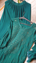 Winter green premium georgette Chikankari kurta set with intricate neck design, handmade by LVW Fashions, featuring traditional Lucknow embroidery.