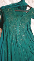 Winter Green premium georgette Chikankari kurta set with intricate neck design, handmade Lucknow Chikankari from LVW Fashions.