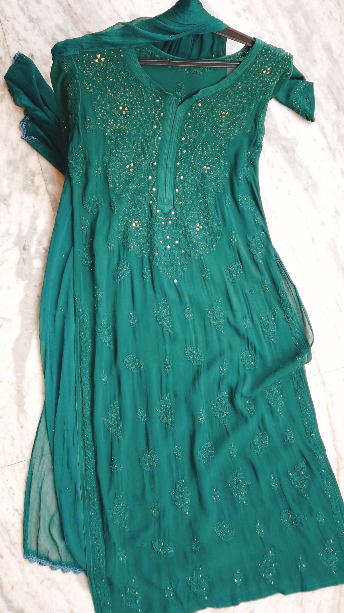 Winter Green LVW Fashions handmade Chikankari Kurta set with intricate neck design in premium georgette fabric, Lucknow Chikankari style.