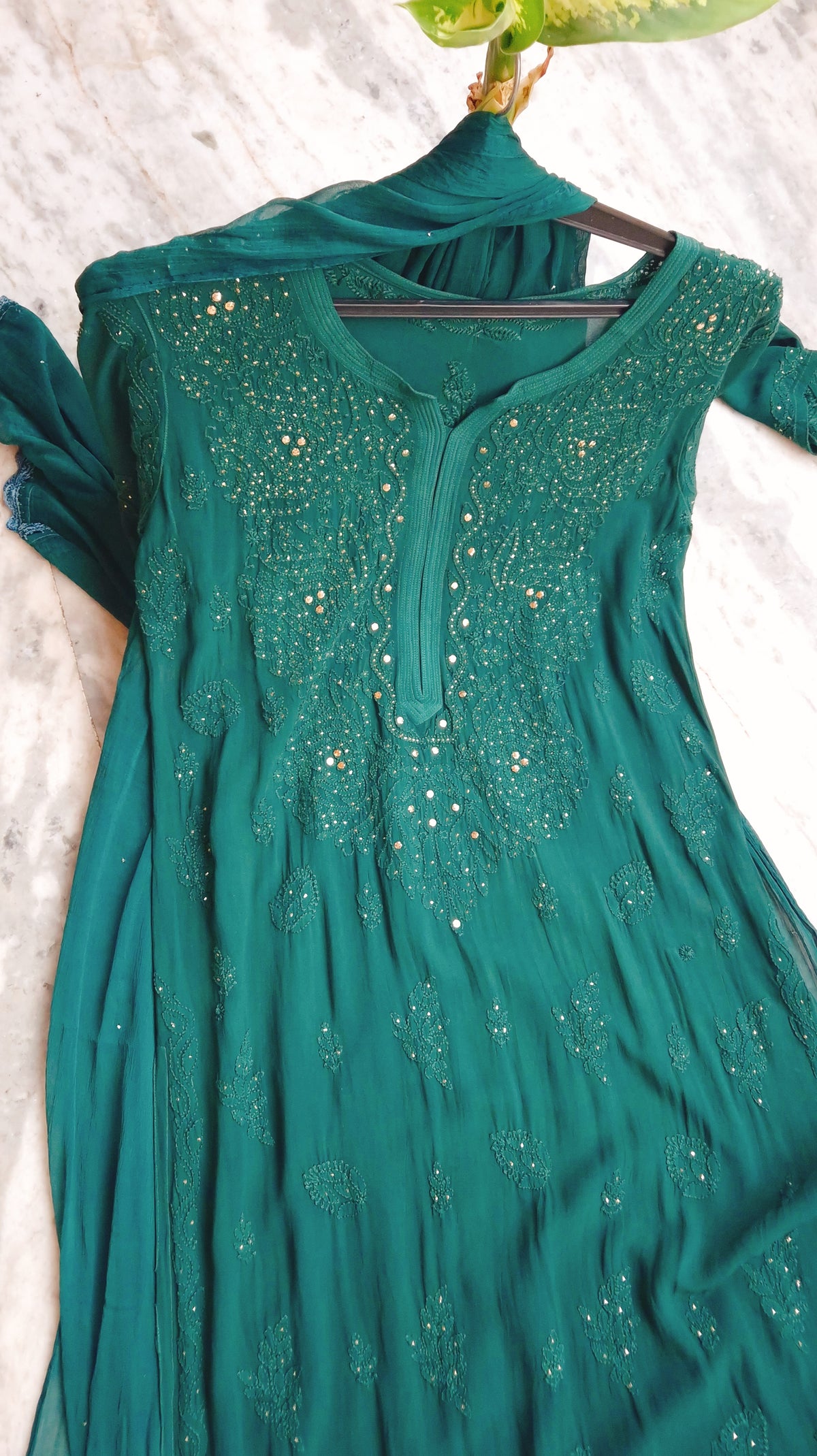 Winter Green premium georgette Chikankari kurta set with intricate neck design, handmade Lucknow Chikankari by LVW Fashions.