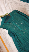Winter Green Premium Georgette Chikankari Kurta set with intricate neck design, handmade Lucknow Chikankari from LVW Fashions.