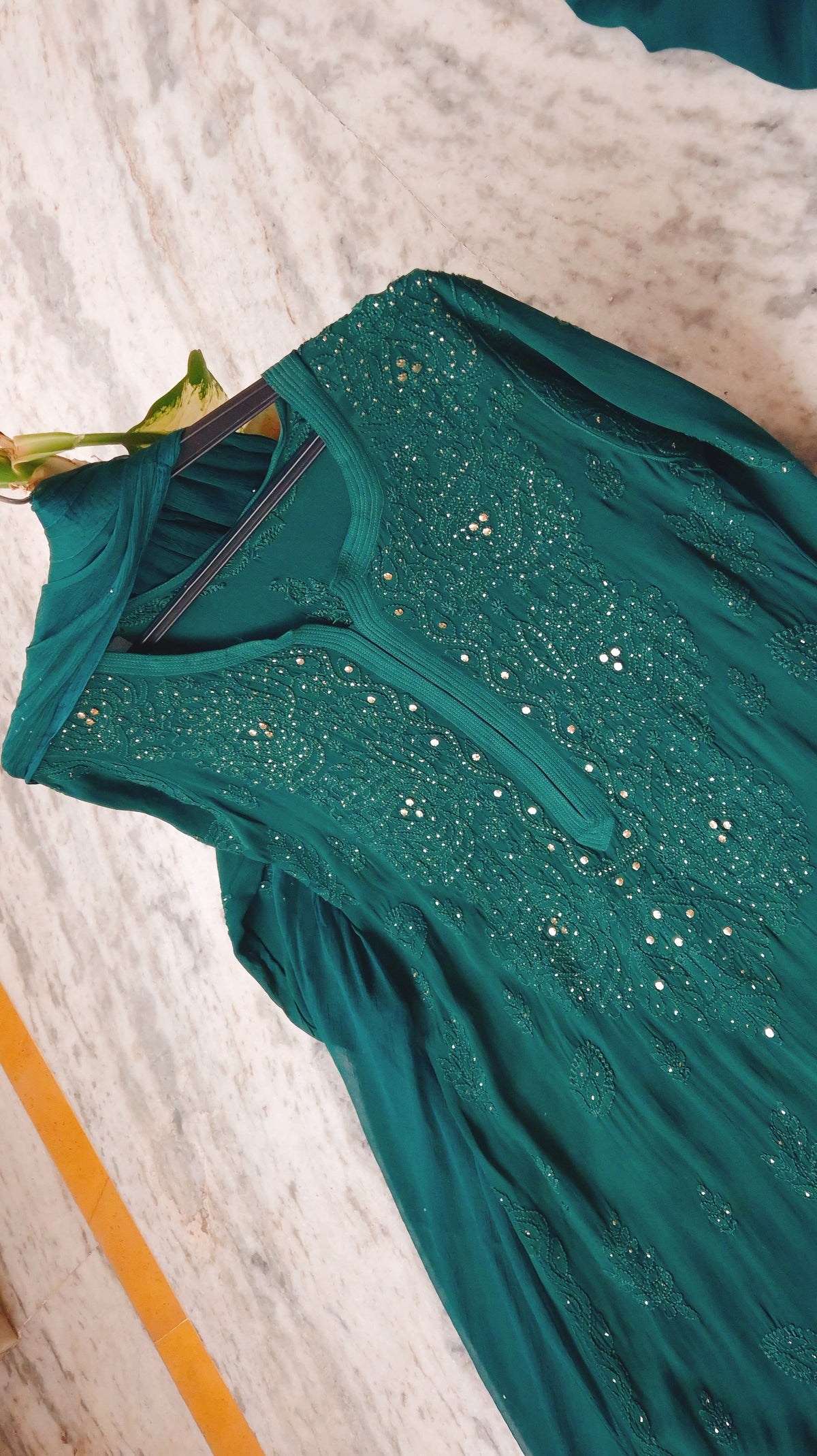 Winter Green Premium Georgette Chikankari Kurta set with intricate neck design, handmade Lucknow Chikankari from LVW Fashions.