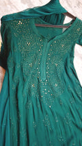 Winter green premium georgette Chikankari kurta set with intricate neck design, handmade by LVW Fashions in Lucknow Chikankari style.