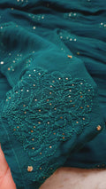 Winter Green premium georgette Chikankari kurta set with intricate neck design, handmade by LVW Fashions in Lucknow Chikankari style.