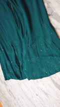 Winter Green premium georgette Chikankari kurta set with intricate neck design, handmade by LVW Fashions, featuring Lucknow Chikankari.