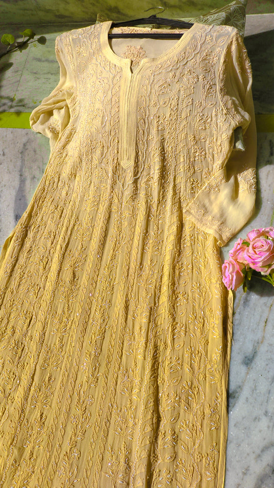 Yellowstone Noori full jaal pearl cutdana chikankari embroidery long kurta by LVW Fashions, handcrafted, luxurious traditional Indian attire.