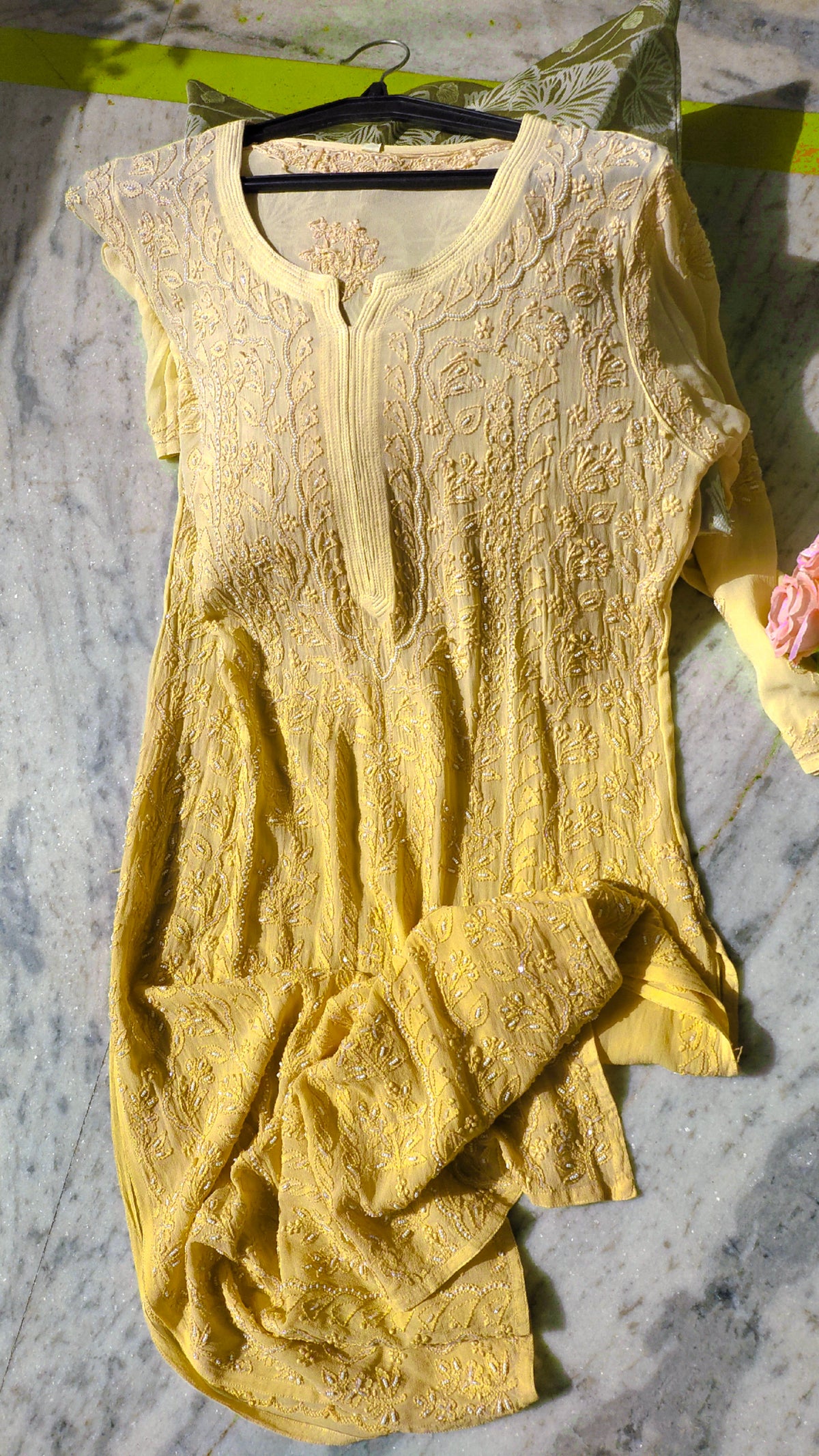 Yellowstone Noori full jaal pearl cutdana Chikankari embroidery long kurta by LVW Fashions, handcrafted in Lucknow.