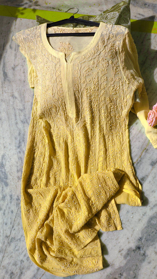 Yellowstone Noori full jaal pearl cutdana Chikankari embroidery long kurta by LVW Fashions, handcrafted in Lucknow.
