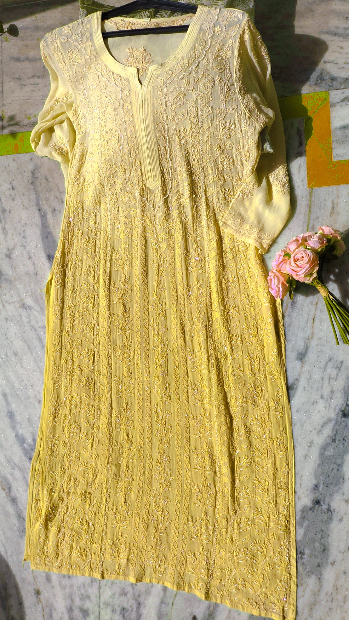 Yellowstone Noori full jaal pearl cutdana chikankari embroidery long kurta by LVW Fashions, handcrafted luxury from Lucknow.