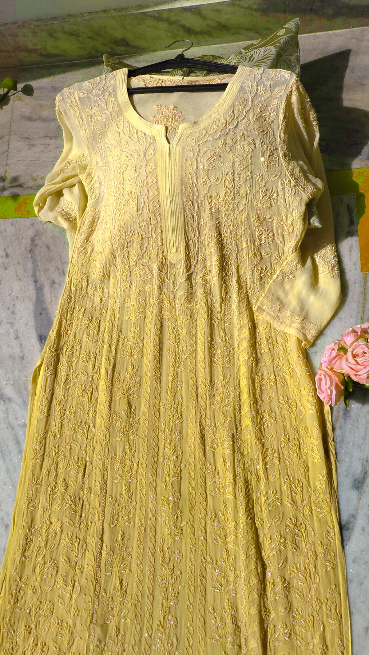 Yellowstone Noori full jaal pearl cutdana Chikankari embroidery long kurta by LVW Fashions, handcrafted Lucknow chikankari design.