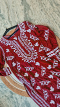 Deep red Zahena premium cotton long Kurti with intricate handmade Chikankari embroidery by LVW Fashions, traditional Lucknow style for women.