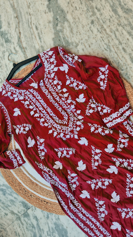 Deep red Zahena premium cotton long Kurti with intricate handmade Chikankari embroidery by LVW Fashions, traditional Lucknow style for women.