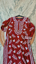 Deep red Zahena premium cotton long kurti by LVW Fashions with intricate handmade Lucknow Chikankari for women.
