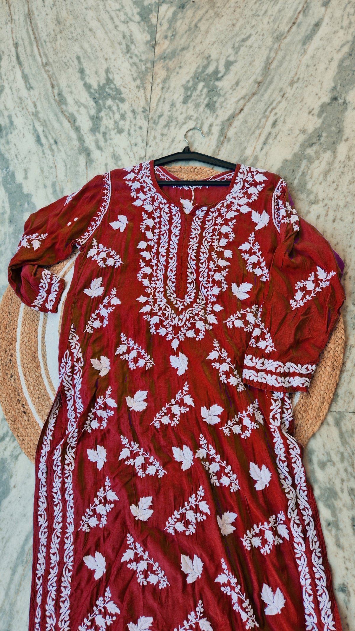 Deep red Zahena premium cotton long kurti by LVW Fashions with intricate handmade Lucknow Chikankari for women.