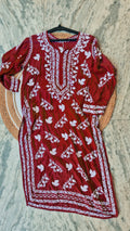 Deep red Zahena premium cotton long kurti with intricate Lucknow chikankari embroidery, handmade luxurious design for women.