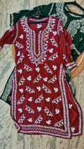 Deep red Zahena premium cotton long kurti with intricate handmade Lucknow chikankari for women, luxurious and stylish.
