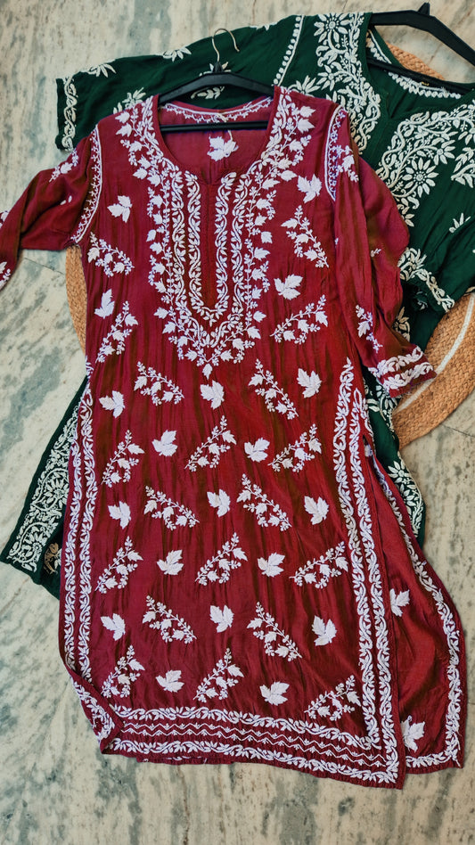 Deep red Zahena premium cotton long kurti with intricate handmade Lucknow chikankari for women, luxurious and stylish.