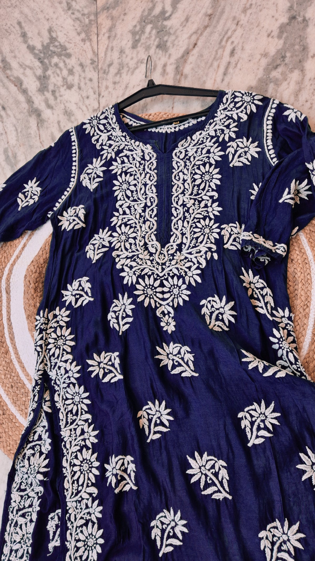 Royal blue Zahena premium cotton silk long Kurti with intricate Lucknow Chikankari embroidery for women.