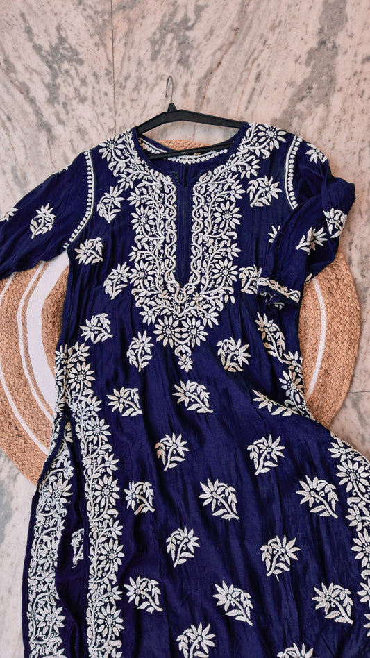 Royal blue Zahena premium cotton silk long kurti with intricate Lucknow chikankari embroidery for women.