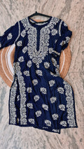 Royal blue Zahena luxury long Kurti by LVW Fashions, handmade cotton silk with intricate Lucknow Chikankari embroidery for women.