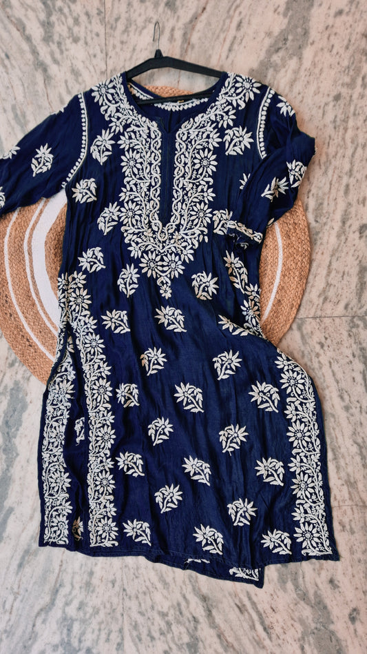 Royal blue Zahena luxury long Kurti by LVW Fashions, handmade cotton silk with intricate Lucknow Chikankari embroidery for women.