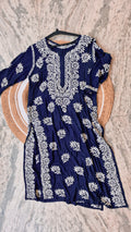 Royal blue Zahena long Kurti by LVW Fashions featuring intricate handmade cotton silk Chikankari for women.