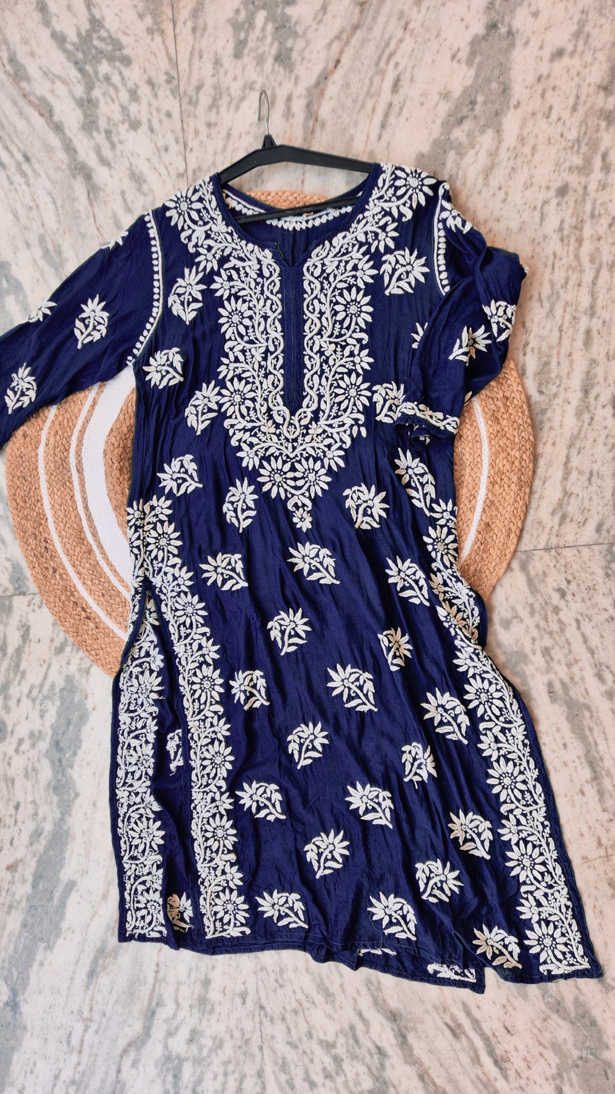 Royal blue Zahena long Kurti by LVW Fashions featuring intricate handmade cotton silk Chikankari for women.