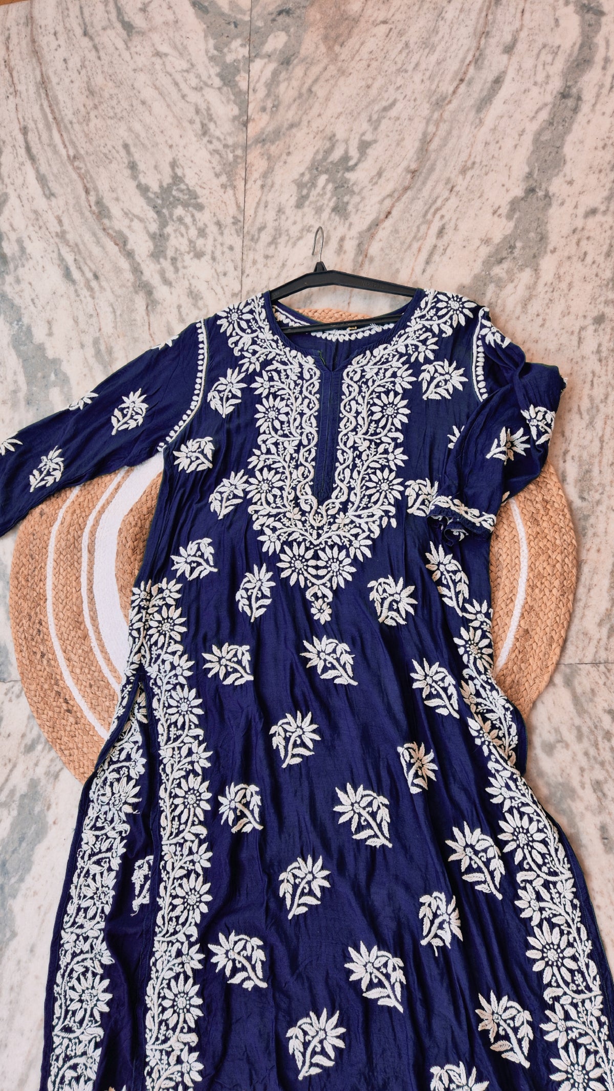 Royal blue Zahena premium cotton silk Chikankari long kurti for women, handmade Lucknow Chikankari by LVW Fashions.