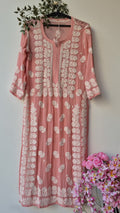 Zaina Peach LVW Fashions handmade Georgette long Kurti with intricate Lucknow Chikankari embroidery, pure and handcrafted.
