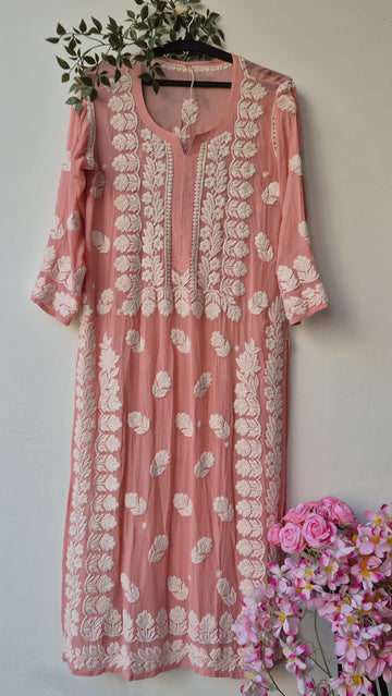 Zaina Peach LVW Fashions handmade Georgette long Kurti with intricate Lucknow Chikankari embroidery, pure and handcrafted.