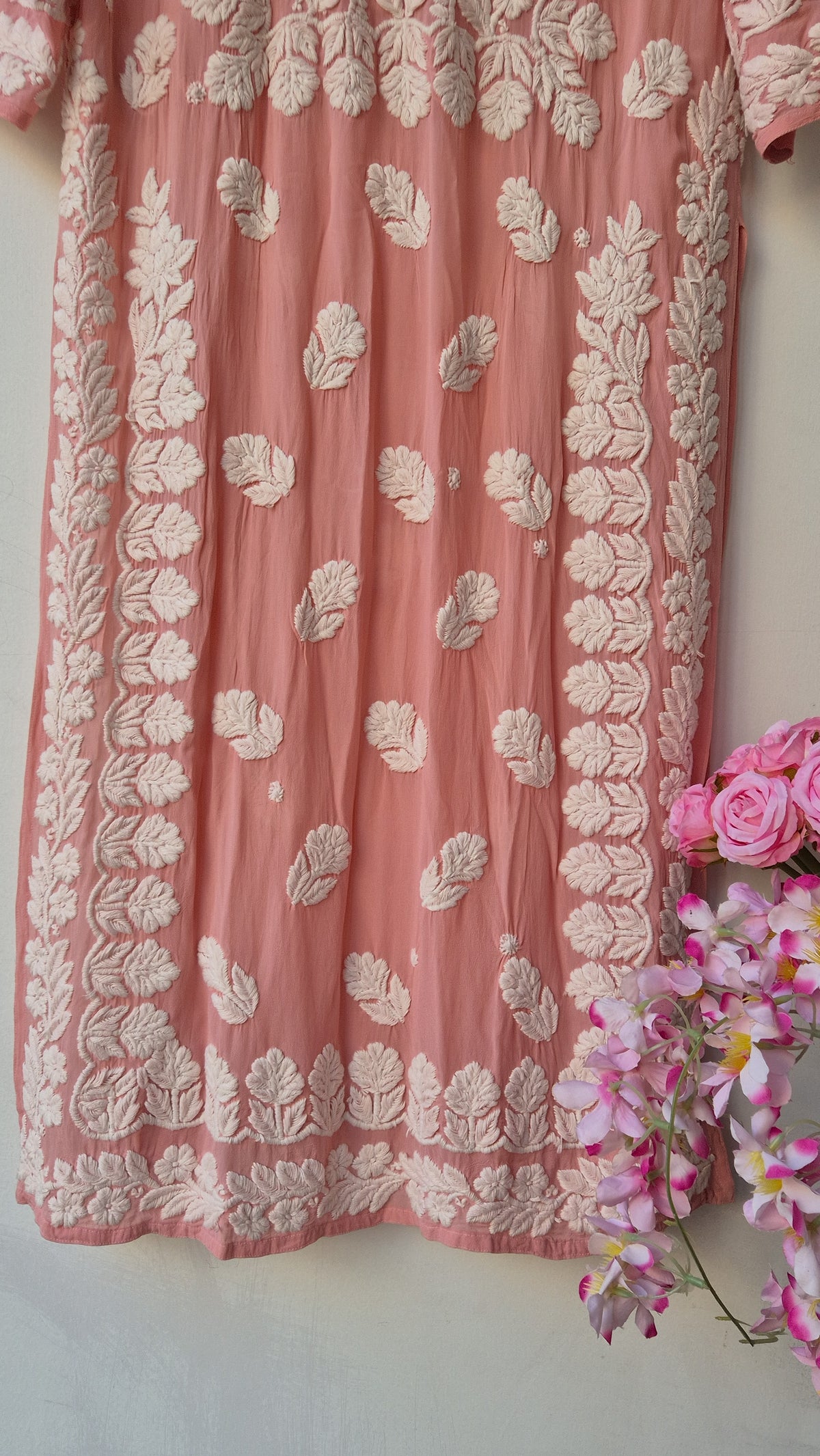 Zaina Peach LVW Fashions handcrafted Georgette Chikankari long kurti with intricate hand embroidery, traditional Lucknow style.