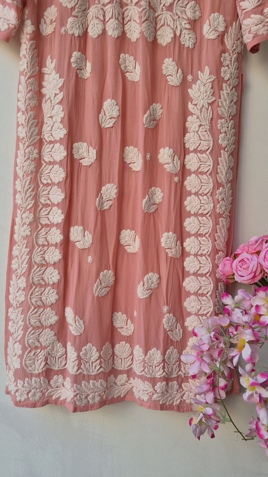 Zaina Peach Premium Georgette Pure Handcrafted Chikankari Long Kurti