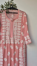 Zaina Peach premium georgette long kurti with handcrafted Lucknow chikankari embroidery by LVW Fashions, showcasing intricate handwork.