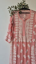 Zaina Peach premium georgette handcrafted Chikankari long kurti by LVW Fashions featuring intricate Lucknow Chikankari embroidery.