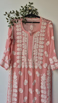 Zaina Peach Premium Georgette Chikankari Long Kurti by LVW Fashions, handcrafted Lucknow Chikankari for women.